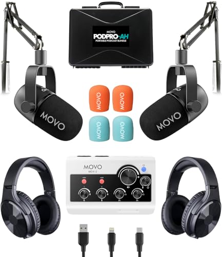 Movo Portable Podcast Equipment Bundle for iPhone/Android Phones- Podcast Kit with Audio Interface, 2 CastMic Dynamic Mics, 2 Stands - For Smartphones, Computers (with Boom Arms and Headphones)