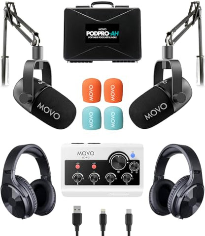 Movo Portable Podcast Equipment Bundle for iPhone/Android Phones- Podcast Kit with Audio Interface, 2 CastMic Dynamic Mics, 2 Stands - For Smartphones, Computers (with Boom Arms and Headphones)