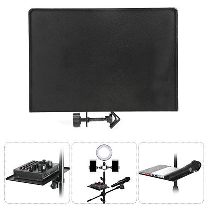 Sound Card Tray, Alloy Black Metal Shelf Bracket Phone Clip Universal Microphone Stand Clamp on Rack Tray Holder Tripod Sound Card Tray for Live Streaming, Karaoke, Recording