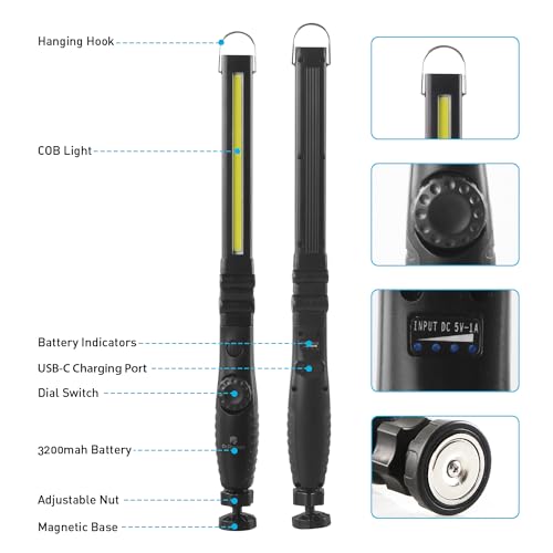 Dr. Prepare LED Work Light, 700 Lumens Foldable Rechargeable Work Light, 3200mAh Cordless Portable Magnetic COB LED Inspection Light for Car Repair, Home, Garage, Emergency