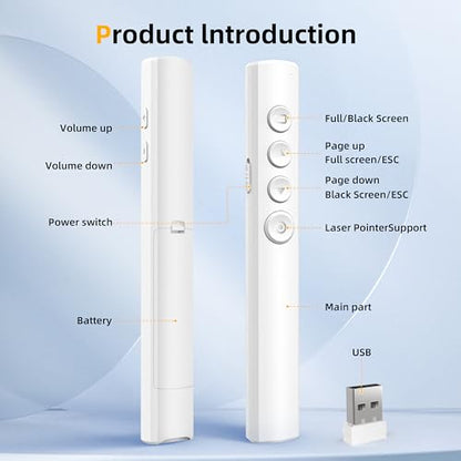 Wireless Presentation Clicker for Powerpoint Slideshow, Office/Classroom PPT Remote Presenter Pointer Slide Advancer with USB Receiver for Computer/MacBook Laptop/PC White Red Light - color: White