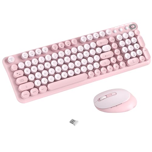 Wireless Keyboard and Mouse Combo, 2.4GHz USB Receiver, Plug and Play, Retro Full Size Typewriter Keyboard and Wireless Mouse for Computer, Laptop, Windows, Mac, and PC (Pink) - color: Pink