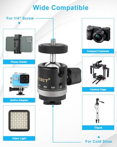 UTEBIT Panoramic Tripod Head with 1/4" Camera Hot Shoe Mount, Black | Mini Ball Head DSLR Camera Mount Adapter Photograph Attachment Accessories for Action Cameras Cam Smartphone Light Microphone - style: 20mm Scale BallHead