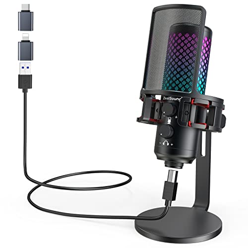ZealSound USB Microphone for iPhone iPad Android & PC, All-Metal RGB Mic with Mute, Gain Knob, Real-Time Monitoring, Heavy-Duty Base & Detachable Pop Filter, for Podcasting Streaming Gaming TikTok - color: RGB