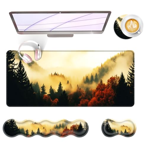 Large Keyboard Mouse Pad Set, Extended Mouse Pad+Keyboard Wrist Rest Support, Memory Foam Ergonomic Easy Typing, 4Pcs (31.5×11.8 in) Desk Pad Set for Office Home,Nature Misty Forest - color: Nature Misty Forest