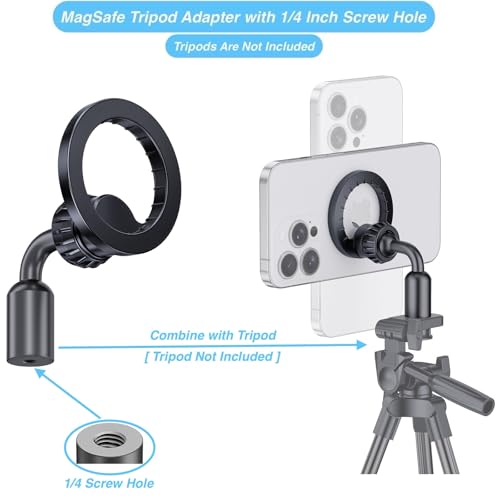 Magnetic Tripod Mount Holder for MagSafe [Upgraded Metal], iPhone Tripod Mount Adapter with 1/4” Screw Hole, Magnetic Phone Tripod Holder Adapter for iPhone 17/16/15/14/13/12 Series - color: Black(Metal Version)
