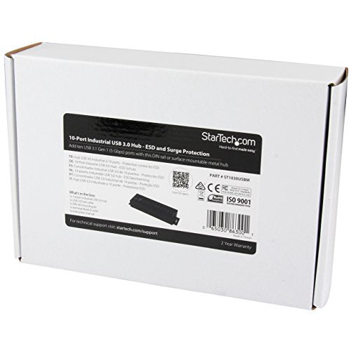 StarTech 10-Port Industrial USB 5Gbps Hub, Mountable, TAA (ST1030USBM) | Steel housing, ESD and surge protection, DIN/wall/desk mount, 7-24V terminal block power