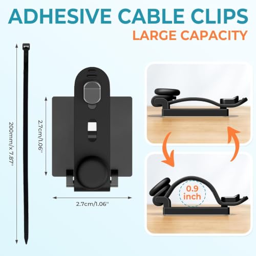 Kanemc Cable Clips Management Kit, 15 Cable Holder with Silicone Cord Ties, 15 Nylon Zip Tie, Extra 15 Screws & 8 Adjustable Cable Straps for Workspace Organizers Computer TV Under Desk Wire Setup