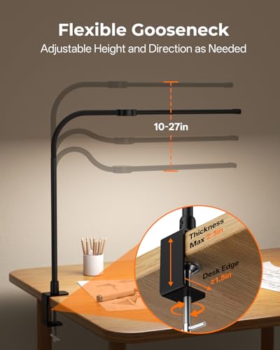 LED Desk Lamp for Home Office, Eye-Caring Architect Task Lamp with Clamp, Adjustable Gooseneck Desk Light, Clamp on Desk Lamps with Dimming, Flexible Craft Study Light for Office, Workbench - color: Black