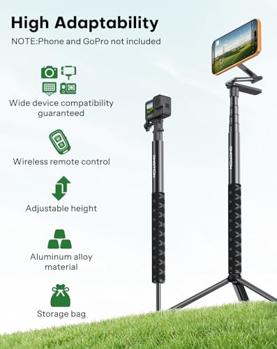 OMOTON CV08-B1 Golf Tripod & Monopod, 5-in-1 Pro Kit (Magnetic Phone Mount+Spike+Tripod+Remote+Action Camera Adapter), 59" Extendable Pole for Golf Swing Recording, Fit for iPhone, Android, GoPro