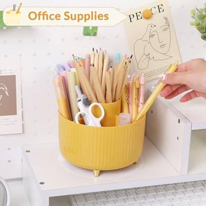 SKYDUE 360 Degree Rotating Desk Organizer, Dual-Purpose Pencil Pen Holder, Rotating Desk Pen Organizer with 5 Slots, Pencil Cup for Office, School, Home - color: Yellow
