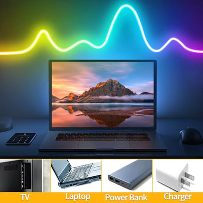 LED Neon Lights，6.6ft USB Powered LED Strip Lights，5V Music Sync Color Changing Rope Light with APP Control，IP65 Waterproof RGB Rope Lights for Bedroom，Cabinet,Kitchen, DIY Lighting - size: 6.6FT