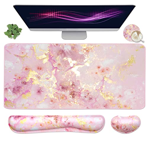 Large Mouse Pad and Keyboard Wrist Rest, Desk Pad for Keyboard and Mouse, 4-in-1 Large Gaming Mouse Pad with Wrist Support, Non-Slip Desk Mat for Home Office Study Game-Pink Gold Marble - color: Pink Gold Marble