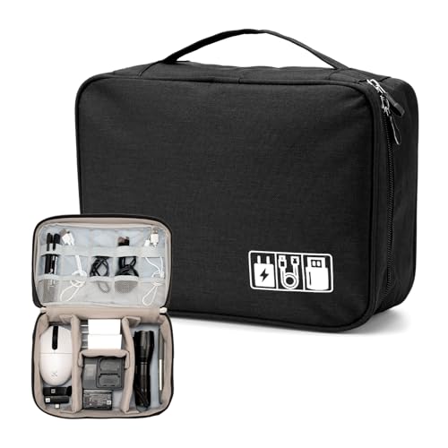 Cable Organizer Bag, Electronic Accessories Travel Case, Waterproof Double Layer Storage Bag for Charger, Cord, Phone, Earphone, Portable Carry Pouch for Travel & Daily Use (Black) - color: Black