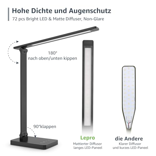 Lepro LED Desk Lamp for Home Office, 9.5W 750LM Metal Touch Control Desk Light, 5 Color Modes 5 Brightness Level, Eye Caring Task Lamp For Reading, Sewing, Crafts, School Supplies, Puzzle Light, Black - color: Black