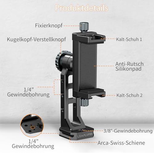 Metal Phone Mount for Tripod with 2 Cold Shoes & Arca Port,Phone Holder Stand with 4 * 1/4" Screw Mount,Support Vertical & Horizontal Rotate Suitable for iPhone 17 Pro/16Pro/15Pro/14/13