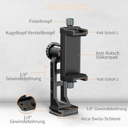 Metal Phone Mount for Tripod with 2 Cold Shoes & Arca Port,Phone Holder Stand with 4 * 1/4" Screw Mount,Support Vertical & Horizontal Rotate Suitable for iPhone 17 Pro/16Pro/15Pro/14/13