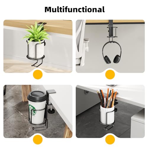 CABTE 2 Pack 2 in 1 Desk Mug Hooks with Headphone Hanger Holder, Anti-Spill Clip-On Table Mug Hooks with 360° Rotation for Lawn Chair, Office Home Gaming Table - color: 2 PACK