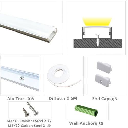 LED Strip Pre-Drilled U Channel Diffuser 6-Pack 3.28FT,Surface Mounted Tape Light Aluminum Track with Continuous Silicone Cover. Flush Installed Low Profile (Silver, 6X3.3FT) - color: Silver, size: 6X3.3FT