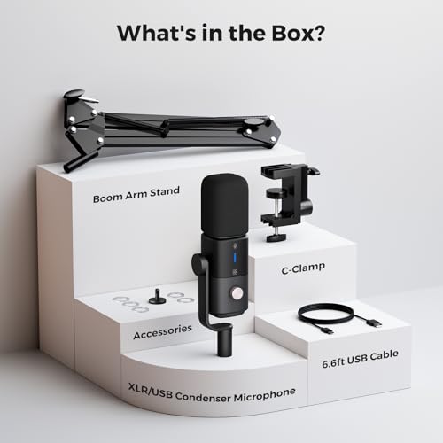 NearStream AM20X Podcast Microphone with Boom Arm, USB/XLR Condenser Microphone for Podcasting/Streaming/Gaming/Record, PC and Audio Mixer, AI Noise Canceling, Gain Control, Sound Monitoring, Mute