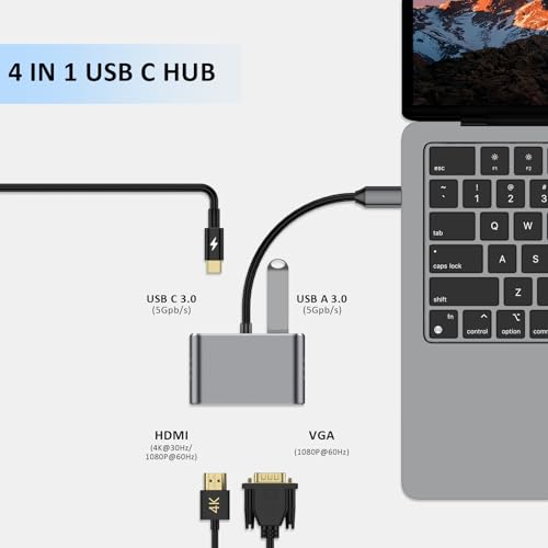 USB C Hub, 4 in 1 USB C Adapter with 4K HDMI, VGA, USB A 3.0, USB C 3.0, Compatible with MacBook, iPad, Laptops, Tablets, Smartphones and OTG Function Devices - size: 9837 Gray