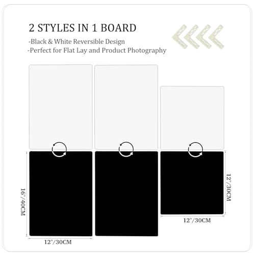 Product Photography Backdrop Boards, 3 Pack Double-Sided Black and White Photo Background, Waterproof Tabletop Backdrop Set for Small Products, Jewelry, Cosmetics, 12 x 12 & 12 x 16 Inch