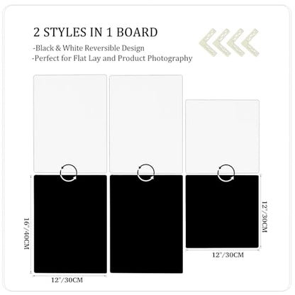 Product Photography Backdrop Boards, 3 Pack Double-Sided Black and White Photo Background, Waterproof Tabletop Backdrop Set for Small Products, Jewelry, Cosmetics, 12 x 12 & 12 x 16 Inch
