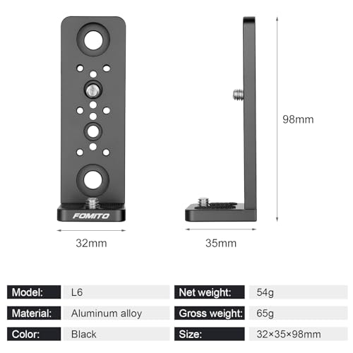 FOMITO L-Shape Camera Extension Bracket - Aluminum Alloy Rig Mount with 1/4" & 3/8" Screws for Z CAM, Wireless Transmitter, LED Light & Phone Holder | Adjustable Installation Direction L6