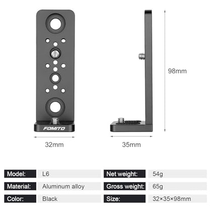 FOMITO L-Shape Camera Extension Bracket - Aluminum Alloy Rig Mount with 1/4" & 3/8" Screws for Z CAM, Wireless Transmitter, LED Light & Phone Holder | Adjustable Installation Direction L6