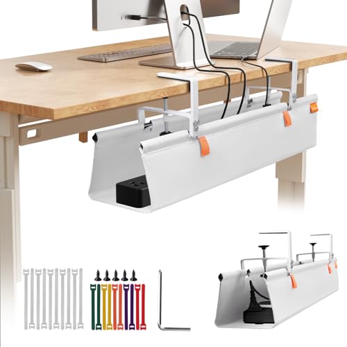 Under Desk Cable Management Tray with Clamp, No Drill 28" Cord Organizer for Desk, Desk Cable Management Fabric Tray for Standing Desks, Ideal for Home & Office - White - color: White, size: 28"L x 5.5"W