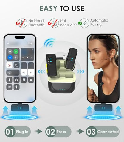 Wireless Lavalier Microphone for iPhone: iPad Android, AI Noise Reduction Clip-on Mic with Charging Case, 70FT Long Range, 30H Battery, for YouTube Tiktok Live Streaming Interview Recording