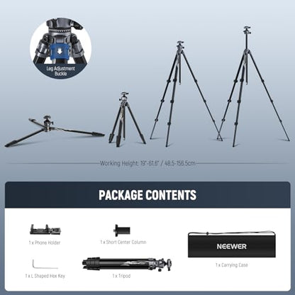 NEEWER LITETRIP LT07 61" Aluminum Travel Tripod for Camera w Pan Tilt Low Profile Ball Head, Arca QR Plate Compatible with PD Tripod Plate, Dual Center Axis, Phone Holder, Max Load 22lb - style: LT07 w/Clip