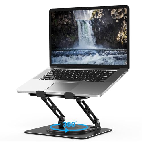 Adjustable Laptop Stand for Desk with 360 Rotating Base, Metal Foldable Laptop Riser Holder, Portable Desktop Book Stands, Ventilated Cooling Computer Notebook Stand Compatible with 10-15.6” Laptops - color: Dark Black-360°