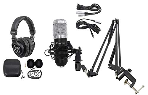 Rockville RCM01 Bundle: Pro Studio Recording Condenser Microphone with Metal Shock Mount, DMS40 40 in Adjustable Boom Arm Mic Stand with Desk Clamp, PRO-M50 Studio Headphones with Case, 3-Items