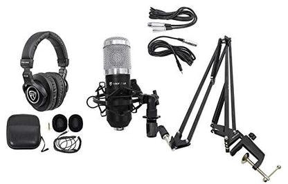 Rockville RCM01 Bundle: Pro Studio Recording Condenser Microphone with Metal Shock Mount, DMS40 40 in Adjustable Boom Arm Mic Stand with Desk Clamp, PRO-M50 Studio Headphones with Case, 3-Items