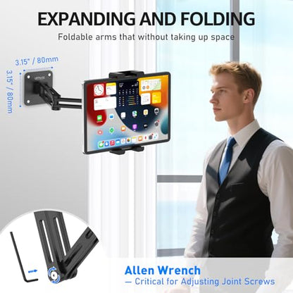 Urmust Tablet Wall Mount Holder for iPad, 4.7-15.6" | 360° Rotation Adjustable, Aluminum Extendable Arm, iPad mini/Air/Pro/Galaxy Tab/Kindle, Kitchen Home Office - size: 2 Arm Pro-Up to 15.6"