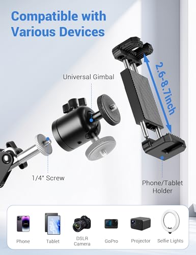 Overhead Camera Mount, Desk Camera Mount with 360° Adjustable Arm and Phone Holder for DSLR Cameras/iPhone/Webcam/Ring Light, Desk Phone Stand for Video Recording,Zoom Meeting,YouTube,TikTok
