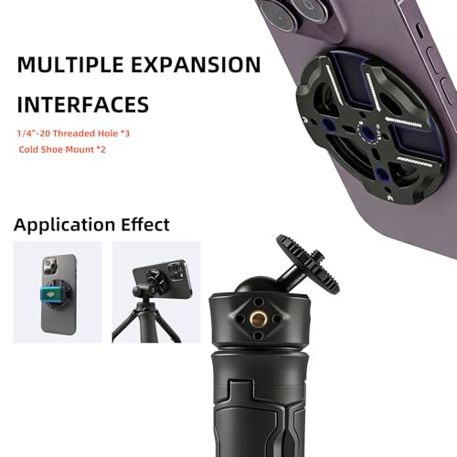 Magnetic Phone Mount Plate with 1/4"-20 Thread & Cold Shoe, N52 Strong Magnet 15N Hold, Aluminum Camera Mount Adapter for iPhone MagSafe, Tripod, Ball Head, Vlogging & Filming Rig (Black) - color: Black