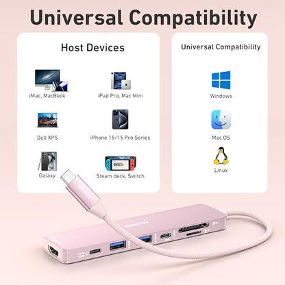BENFEI 7-in-1 USB C Hub with HDMI(4K@60Hz), 2 USB-A, 1 USB-C Data, 100W Charge, SD/TF Card Reader, Silicone Tangle-Free Cable Compatible with MacBook Pro/Air, iPad Pro, iMac, iPhone 15 Pro/Pro Max - color: Pink