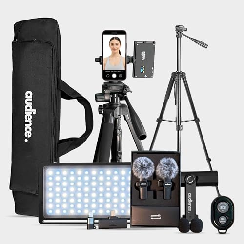 Audience Vlogging Kit for iPhone & Android — 72" Tripod with Dual Wireless Mics, LED Light, Phone Mount, Bluetooth Remote & Travel Case