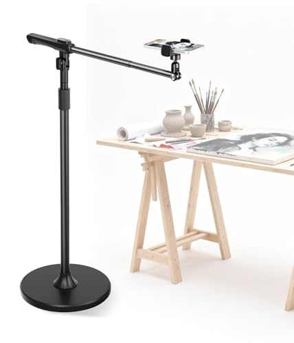 Phone Floor Stand, Overhead Phone Mount with Extendable Horizontal Arm & Remote, 360° Rotatable Extension Arm, Adjustable Tripod Stand for iPhone17, Video Recording, Photography, Live Streaming