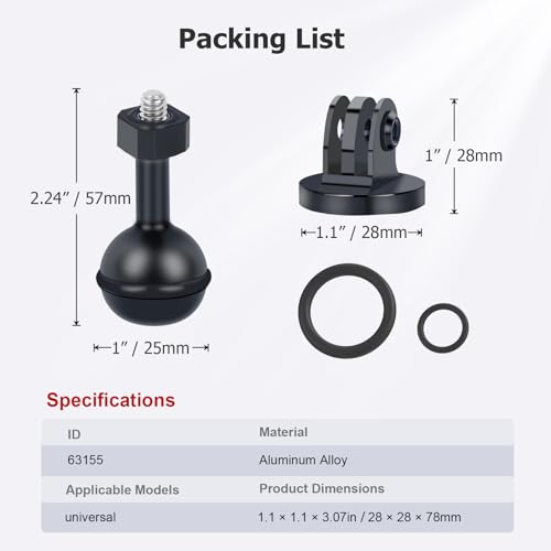 1-Inch Ball Head Camera Mount Adapter with Dual Screw Holes - Aluminum Alloy Universal Clamp for DSLR, GoPr0, Insta360 Underwater Photography Accessories 63155