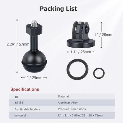 1-Inch Ball Head Camera Mount Adapter with Dual Screw Holes - Aluminum Alloy Universal Clamp for DSLR, GoPr0, Insta360 Underwater Photography Accessories 63155