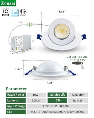 zouzai 4 Inch Gimbal LED Recessed Lights, White-Version 1.0, 12 Pack, with Junction Box, 360°+ 90° Adjustable, 5CCT 2700K-5000K, Dimmable, Canless Eyeball Downlight, CRI90+, 980LM 10W 120V, ETL - color: White-4 inch-Version 1.0, size: 12 Pack
