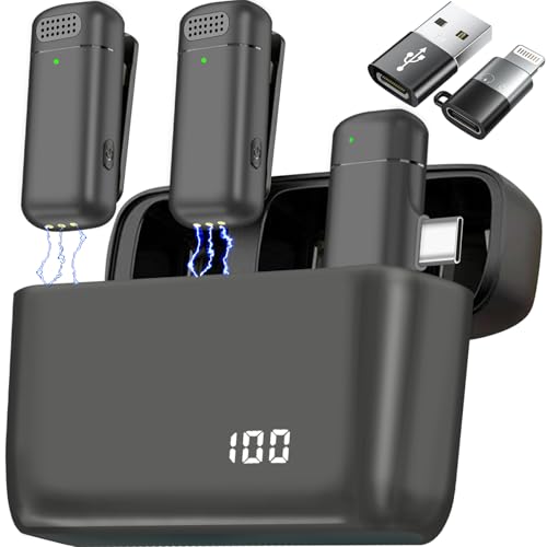 2 Pcs 3 in 1 Wireless Lavalier Microphones for iPhone iPad USB C Android Laptop with Charging Case, Clip on Lapel Mic Plug-Play Cordless Mini Mic for Video Recording Vlogging, YouTube, Interview - color: Black