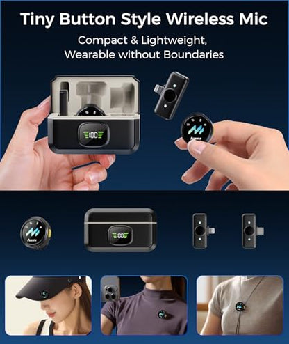 Wireless Lavalier Microphone for iPhone & Android Phones, Noise Reduction & Hi-Fi Audio & 24H Duration & 50M Range, Clips-on Magnetic Lapel Mic for Video Recording/Live Stream/Vlog/Podcast/Interview