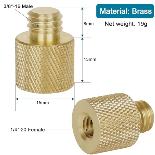 Standard 1/4"-20 Female to 3/8"-16 Male Threaded Reducer Screw Adapter (Brass) Precision Made (2 Pack) - color: 1/4"-20 Female to 3/8"-16 Male Reducer