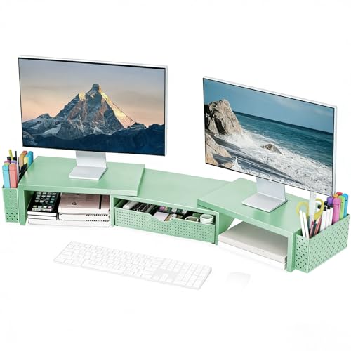 Spacrea Metal Desk Organizers and Accessories, Dual Monitor Stand Riser with Drawer and 2 Pen Holders, Book Racks, Desk Accessories & Workspace Desktop Organizers for Office Supplies (Sage Green) - color: Sage Green