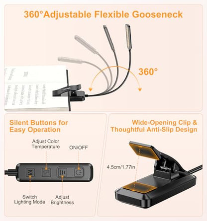 Gritin 2026 Gen 2 Book Light for Reading- 30 Eye Caring Full Spectrum LED | 5 Colors & 5 Brightness, Adjustable Wide/Narrow Beam, Upgrade 1500mAh Long-Lasting Rechargeable Clip on Light for Book Lovers - color: Black