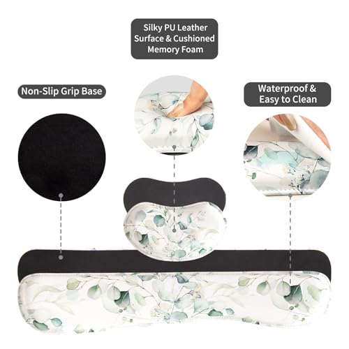 QIYI Leather Desk Mat Set, 4-in-1 Large Mouse Pad with Ergonomic Wrist Rest, Waterproof Desk Pad + Keyboard Wrist Rest + Mouse Wrist Support + Coaster, Non-Slip Office Gaming Accessories, Eucalyptus - color: Eucalyptus Branches